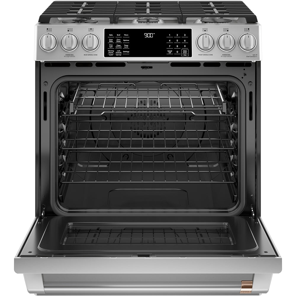 Café 30" Slide-In Front Control Dual-Fuel Convection Range with Warming Drawer Stainless Steel