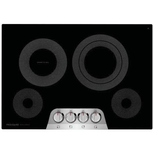 Frigidaire Gallery GCCE3049AS 30-inch electric cooktop with a sleek black glass surface and five radiant heating elements.