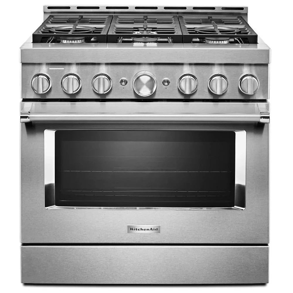 Freestanding gas range with six sealed burners, black porcelain-coated steel cooktop, and stainless steel control knobs, featuring a sleek modern design.