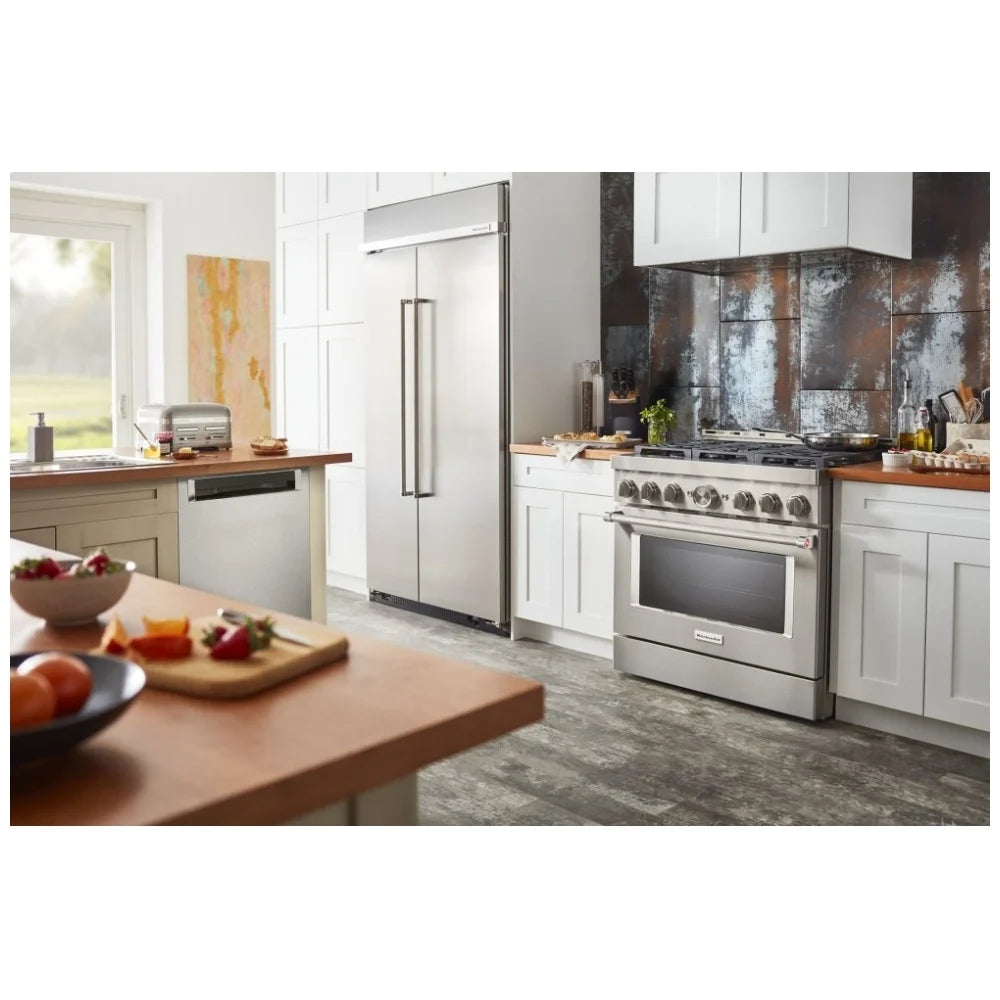 Freestanding range with smart appliance features, offering Wi-Fi connectivity and compatibility with mobile apps and voice-controlled devices for hands-free operation.