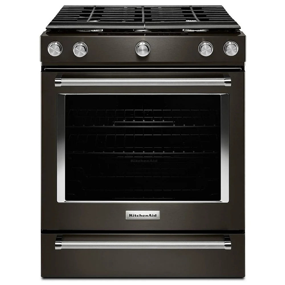 KitchenAid KSGG700EBS 30-inch gas slide-in range with 5 burners and convection oven