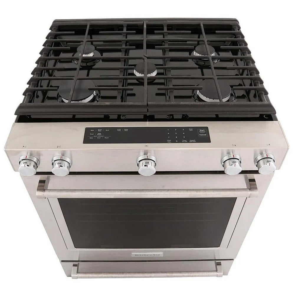 KitchenAid 30" Gas Range with 5 burners, including a high-powered 17K BTU burner.