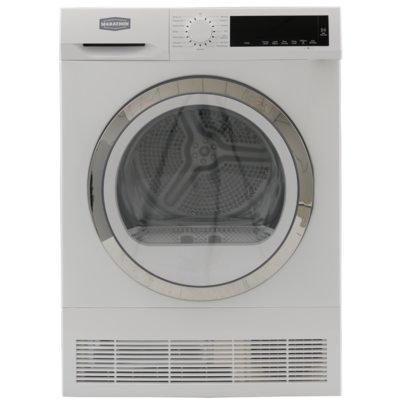 Front view of the Marathon MVD420W 24-inch compact ventless dryer, designed for energy efficiency and small spaces.