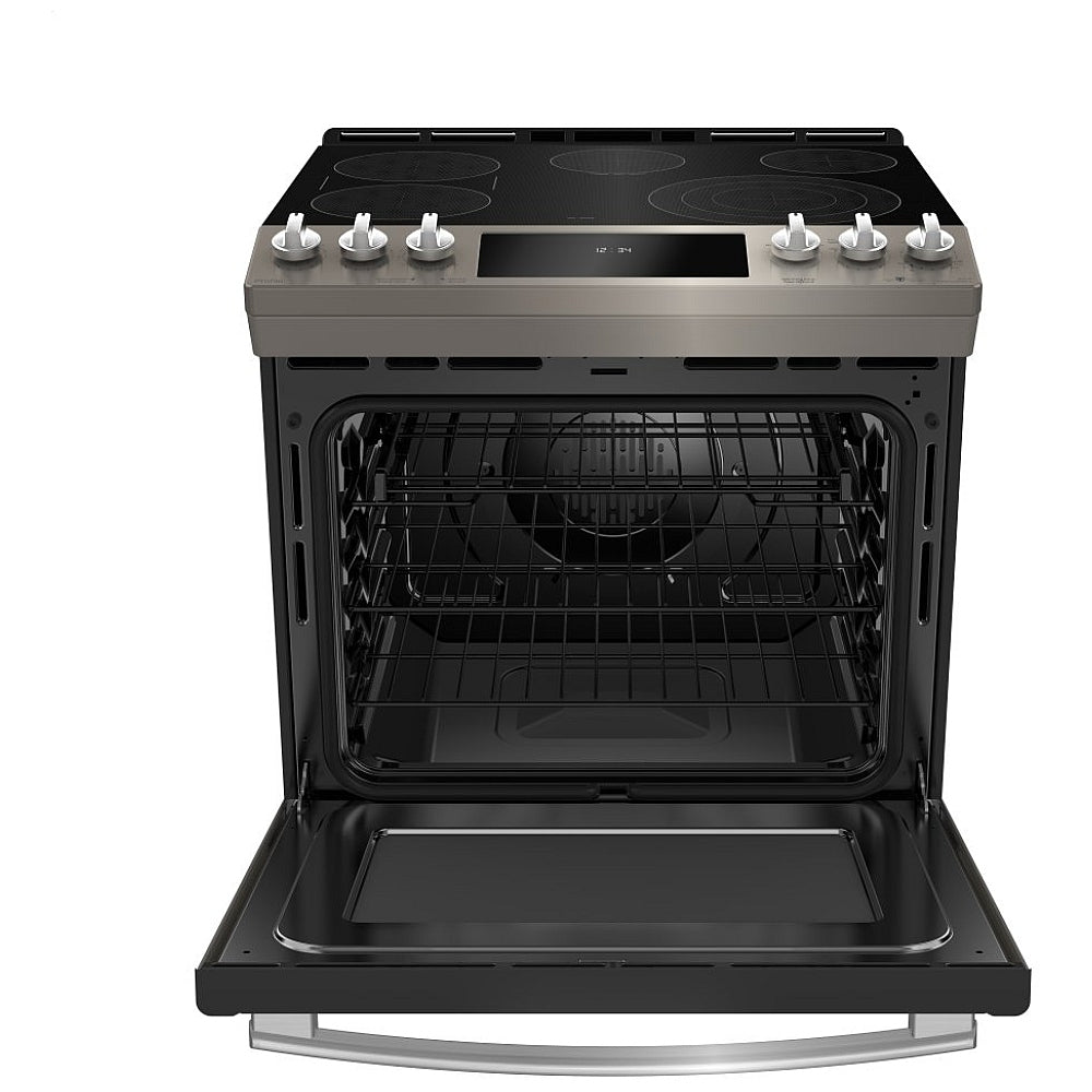 GE 30" slide-in electric range with oven door open, showcasing spacious 6.6 cu. ft. interior and True European Convection system.