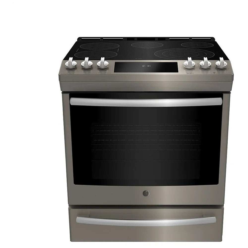 Front view of GE 30" slide-in electric range with induction cooktop and sleek stainless steel finish.