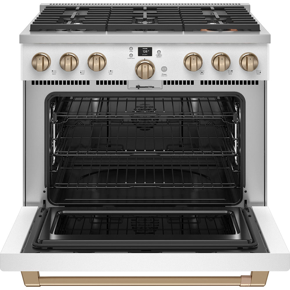 Café 36" Smart Dual-Fuel Commercial-Style Range with 6 Burners – Matte White with Brushed Bronze Accents