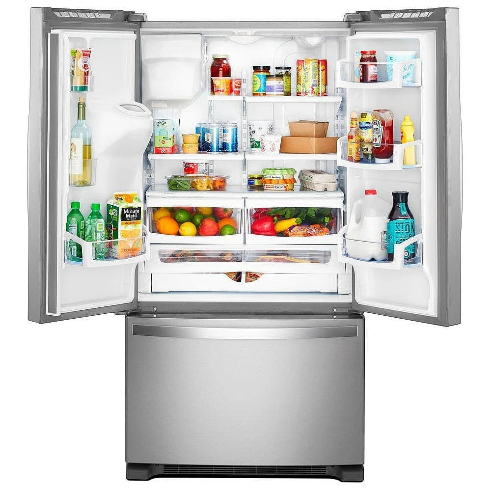 Interior with pantry drawer, glass shelves, and crispers