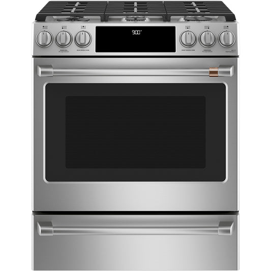 Café 30" Slide-In Front Control Dual-Fuel Convection Range with Warming Drawer Stainless Steel