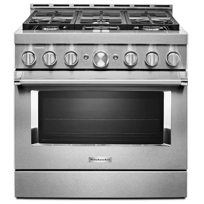 Freestanding gas range with six sealed burners, black porcelain-coated steel cooktop, and stainless steel control knobs, featuring a sleek modern design.