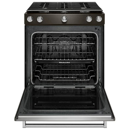 Interior of KitchenAid KSGG700EBS oven with three racks and convection system