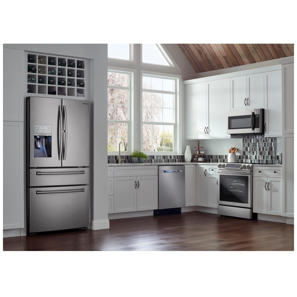 Samsung 30" Slide-In Electric Range with Dual Convection, Stainless Steel, Installed in a Modern Kitchen Setting.