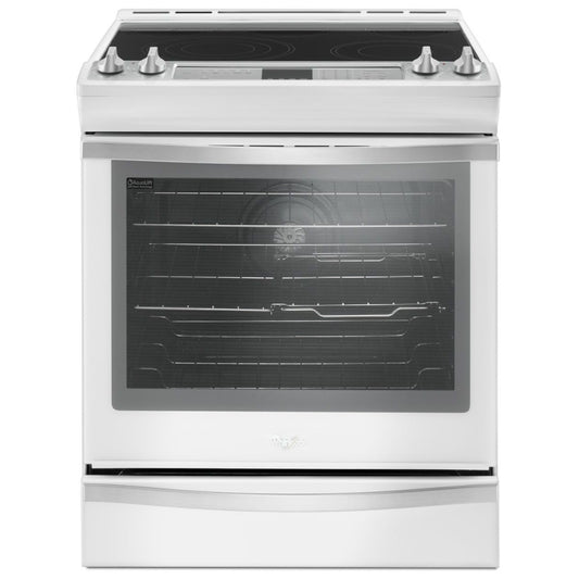 Front view of the Whirlpool 30-inch slide-in electric range, showcasing the sleek white metal-and-glass door, towel bar handle, and ceramic glass cooktop with five radiant elements.