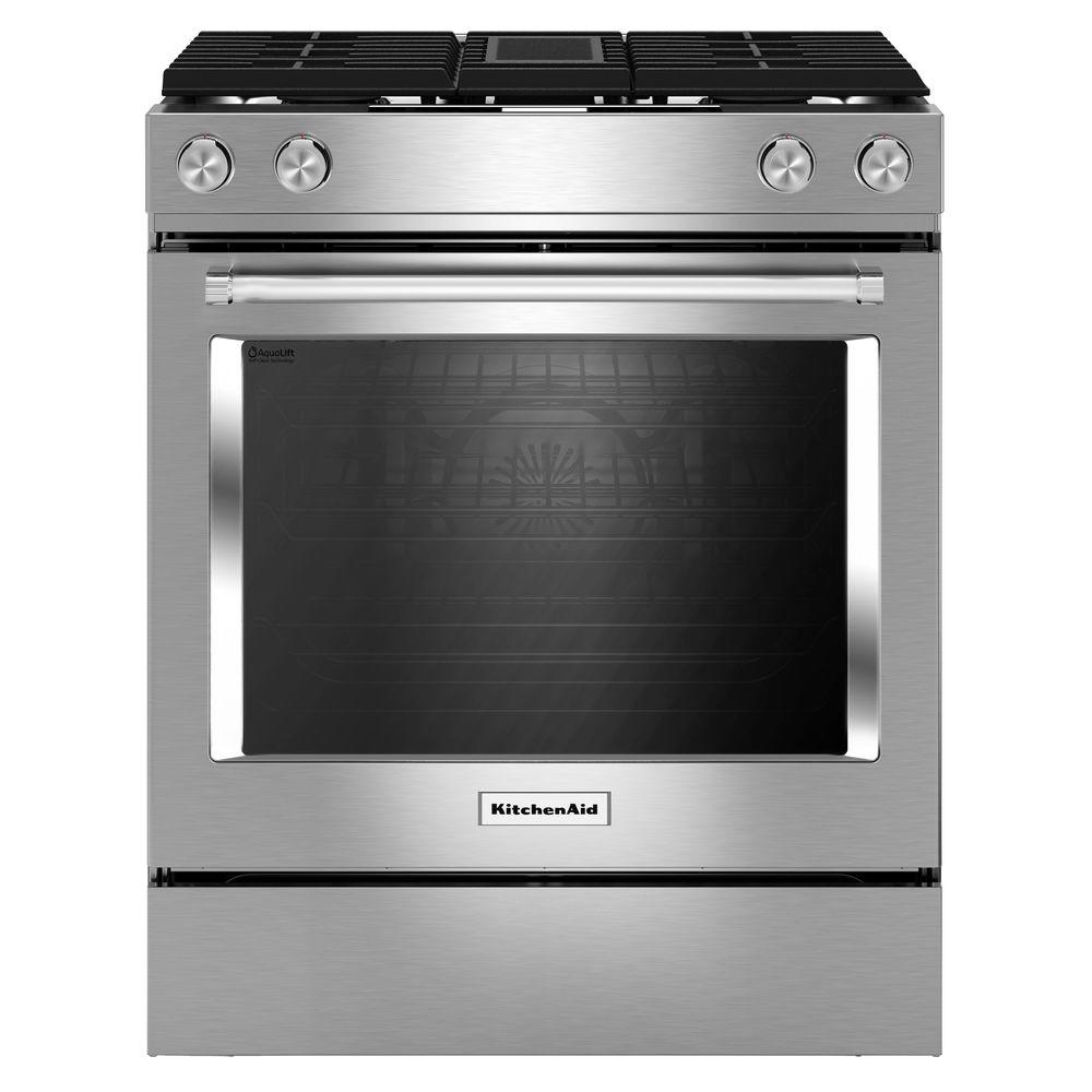 KitchenAid - 30-Inch 4-Burner Dual Fuel Downdraft Front Control Range - KSDG950ESS
